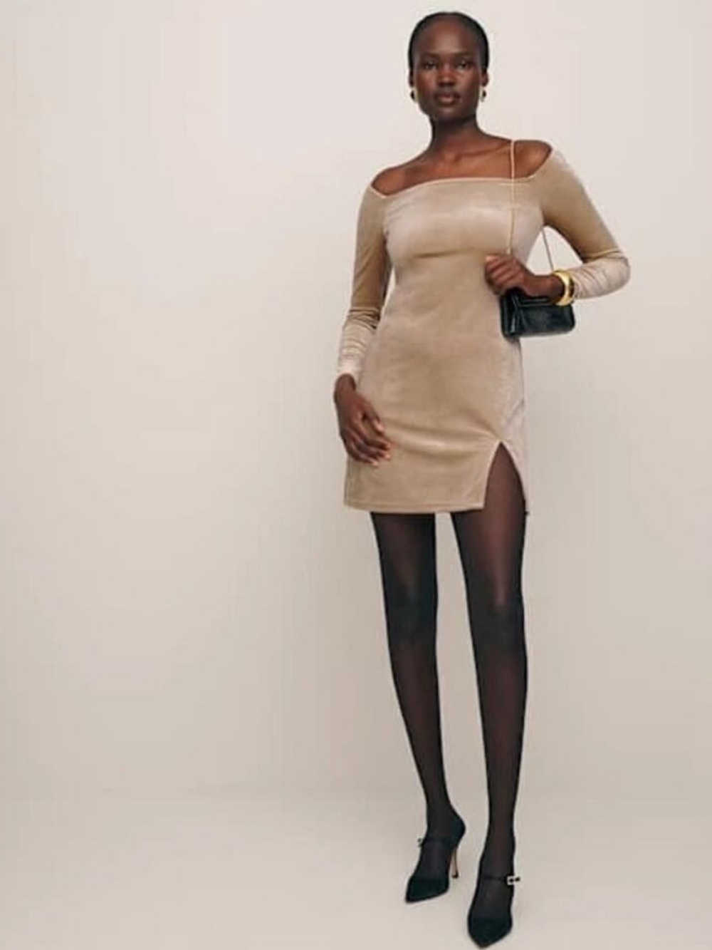 REFORMATION Dario Champagne Velvet Holiday Winter Longsleeve Slit Mini Dress